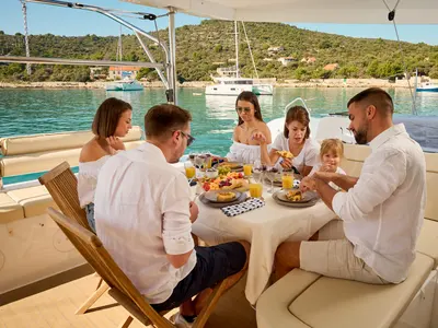 Deck of Sensation, a Lagoon 46 catamaran at Grad Trogir, Croatia