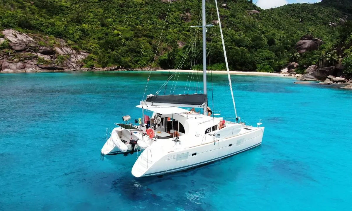 Exterior view of Felicite, a Lagoon 380 S2 catamaran at Seychelles, Mahe, Seychelles