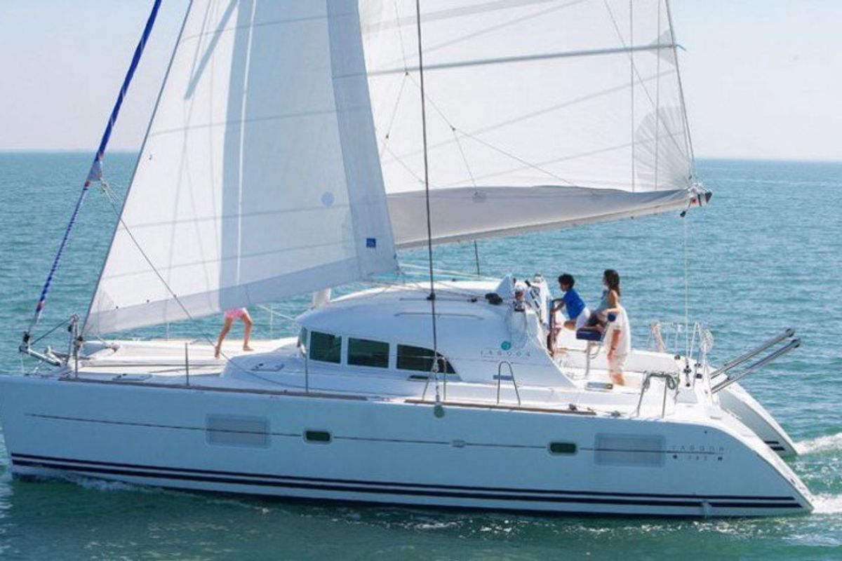 Exterior view of Felicite, a Lagoon 380 S2 catamaran at Seychelles, Mahe, Seychelles