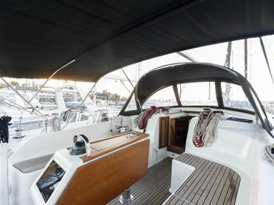 Cockpit of Alexaster, a Bavaria Cruiser 46 sailboat at Municipal Unit of Rhodes, Greece