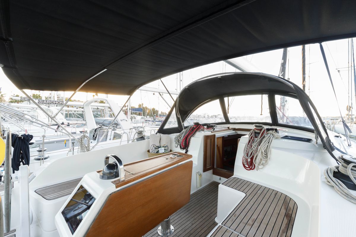 Cockpit of Alexaster, a Bavaria Cruiser 46 sailboat at Municipal Unit of Rhodes, Greece