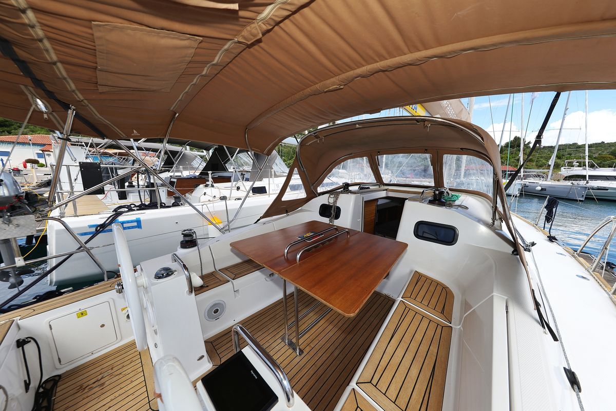 Cockpit of Estela, a Elan Impression 40.1 sailboat at Primošten, Croatia
