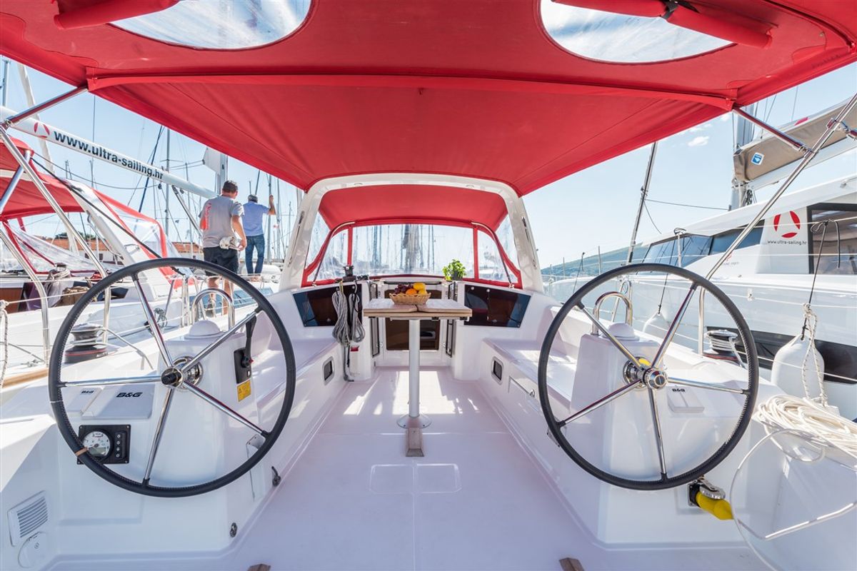 Cockpit of Rusalka, a Beneteau Oceanis 38 sailboat at Općina Medulin, Croatia