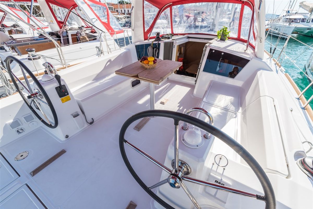 Cockpit of Rusalka, a Beneteau Oceanis 38 sailboat at Općina Medulin, Croatia