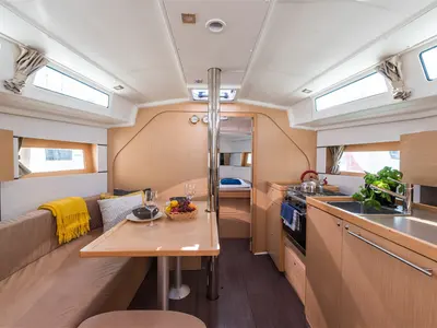 Salon of Rusalka, a Beneteau Oceanis 38 sailboat at Općina Medulin, Croatia