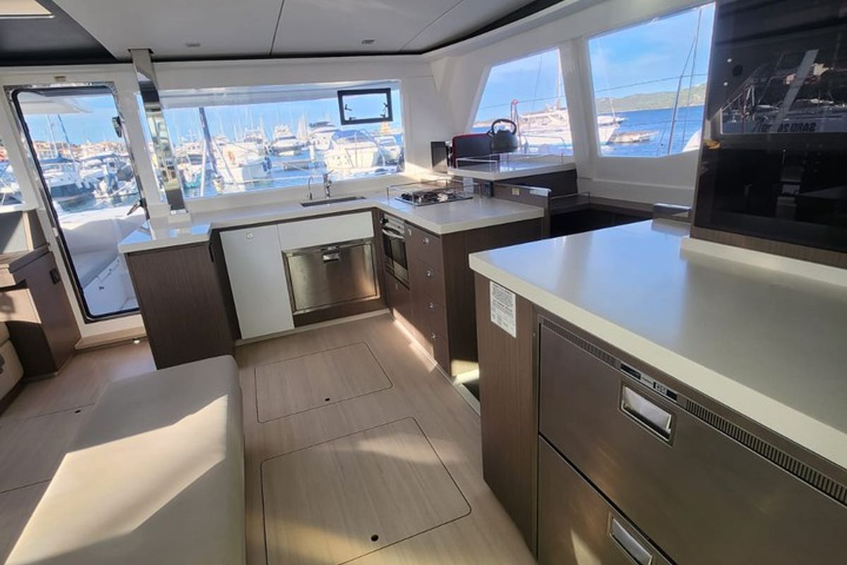 Galley of Dou Reve V, a Leopard 45 catamaran at Cannigione, Italy