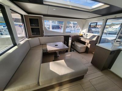 Salon of Dou Reve V, a Leopard 45 catamaran at Cannigione, Italy