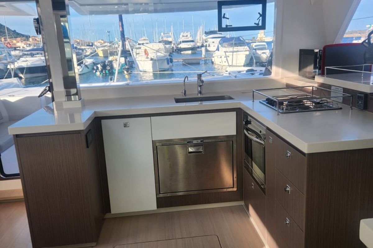 Galley of Dou Reve V, a Leopard 45 catamaran at Cannigione, Italy