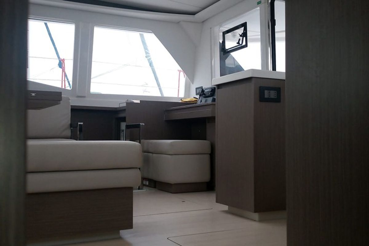 Cockpit of Dou Reve V, a Leopard 45 catamaran at Cannigione, Italy