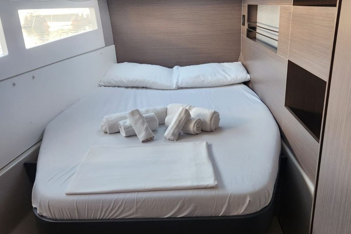 Cabin on Dou Reve V, a Leopard 45 catamaran at Cannigione, Italy