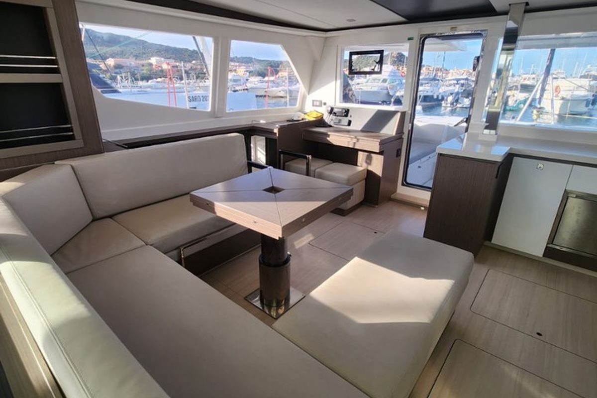 Salon of Dou Reve V, a Leopard 45 catamaran at Cannigione, Italy