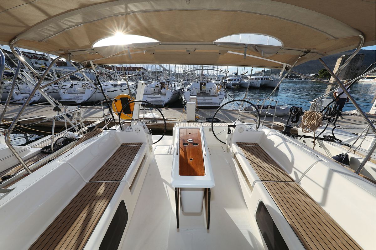 Cockpit of Belle Epoque, a Dufour 412 GL sailboat at Grad Biograd na Moru, Croatia
