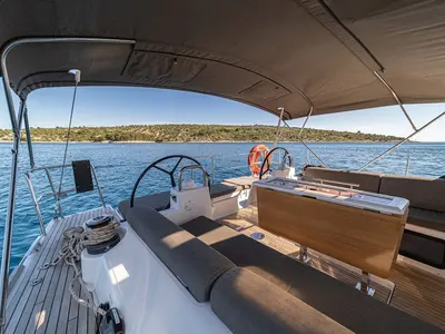 Deck of Zephyrus, a Dufour 520 GL - 3. cab sailboat at Primošten, Croatia