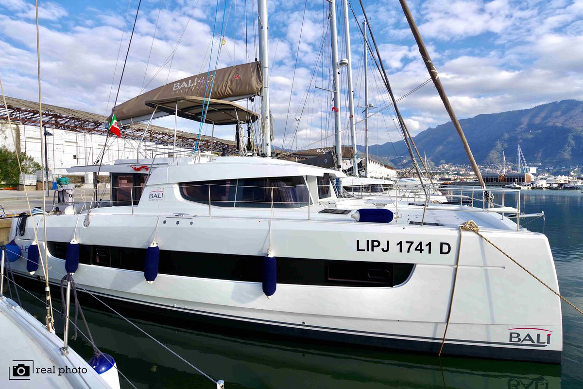Exterior view of Monia, a Bali 4.6 catamaran at Castellammare di Stabia, Italy