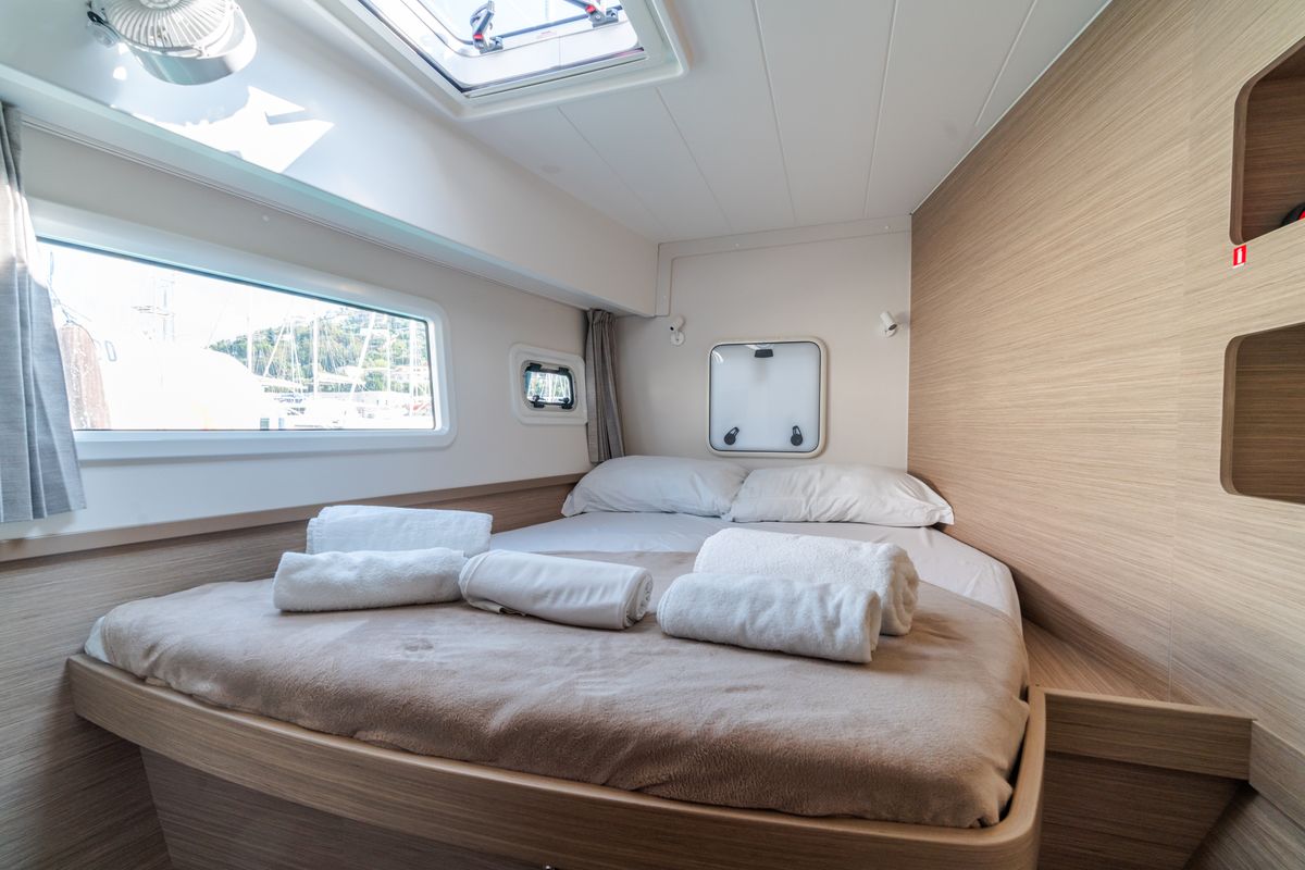 Cabin on Sirius - Comfort Line, a Lagoon 42 catamaran at Castellammare del Golfo, Italy