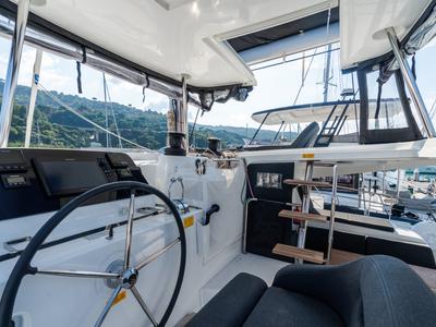 Cockpit of Sirius - Comfort Line, a Lagoon 42 catamaran at Castellammare del Golfo, Italy