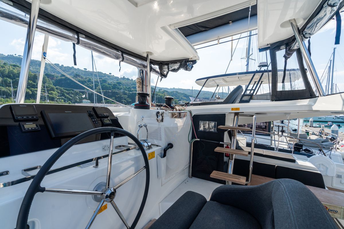 Cockpit of Sirius - Comfort Line, a Lagoon 42 catamaran at Castellammare del Golfo, Italy