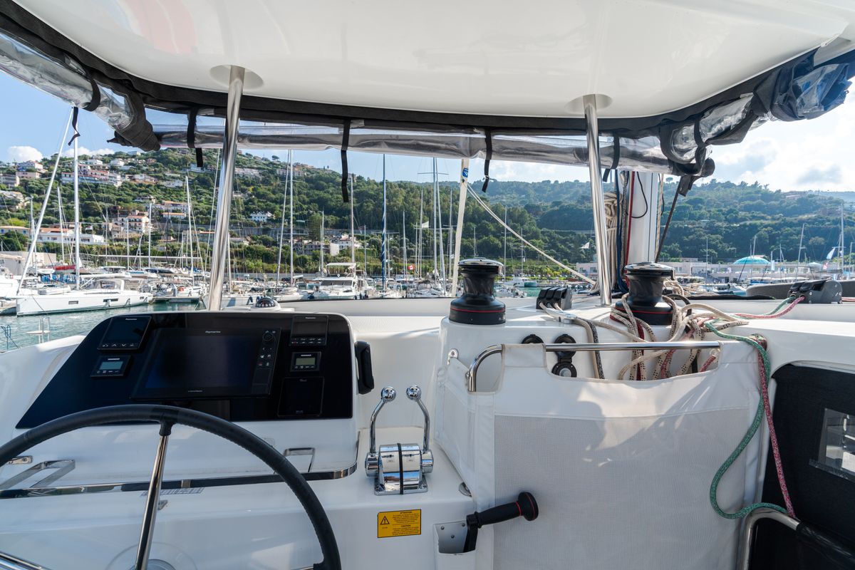 Cockpit of Sirius - Comfort Line, a Lagoon 42 catamaran at Castellammare del Golfo, Italy