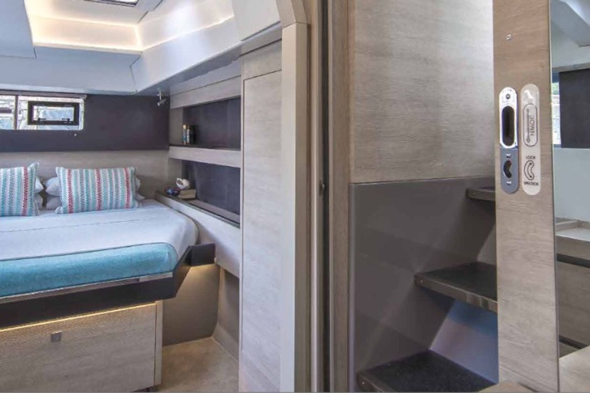 Cabin on Never Give Up, a Leopard 50 catamaran at Ventimiglia, Italy