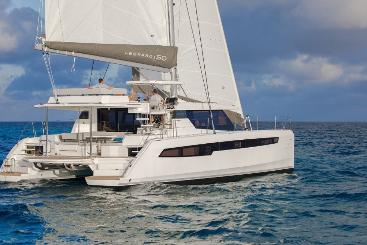 Exterior view of Never Give Up, a Leopard 50 catamaran at Ventimiglia, Italy