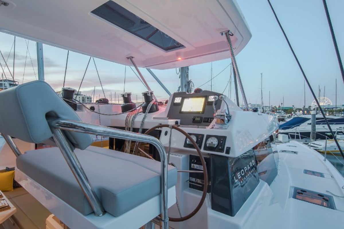 Cockpit of Never Give Up, a Leopard 50 catamaran at Ventimiglia, Italy