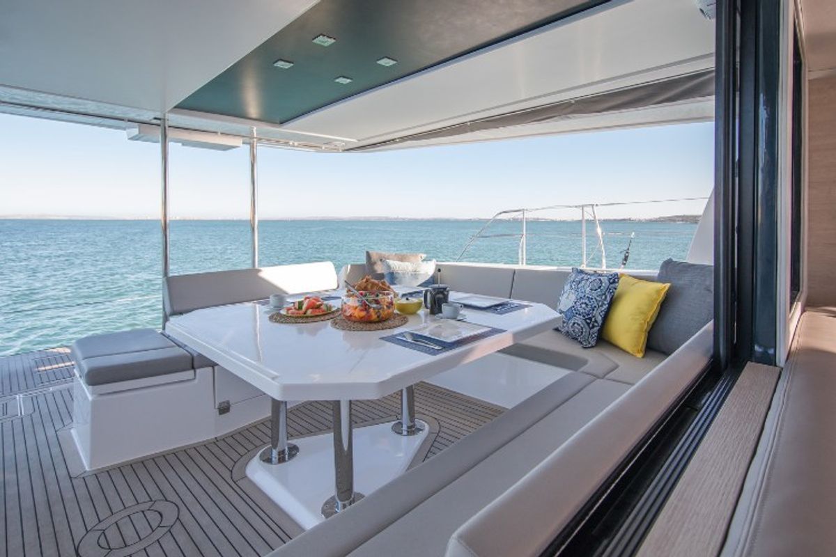 Deck of Never Give Up, a Leopard 50 catamaran at Ventimiglia, Italy