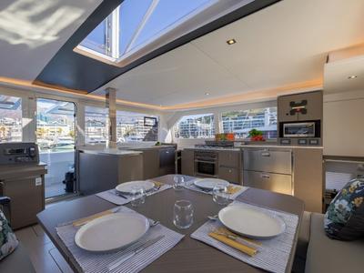 Salon of Never Give Up, a Leopard 50 catamaran at Ventimiglia, Italy