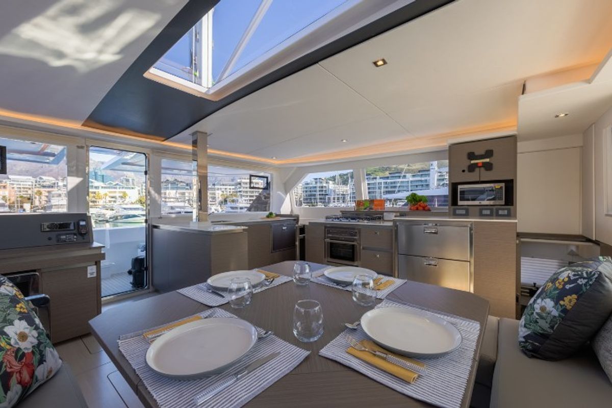 Salon of Never Give Up, a Leopard 50 catamaran at Ventimiglia, Italy