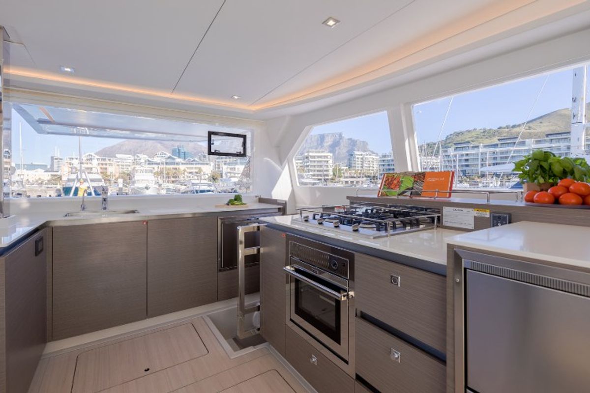 Galley of Never Give Up, a Leopard 50 catamaran at Ventimiglia, Italy