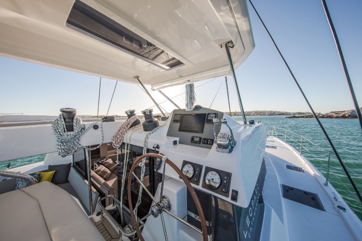 Cockpit of Never Give Up, a Leopard 50 catamaran at Ventimiglia, Italy