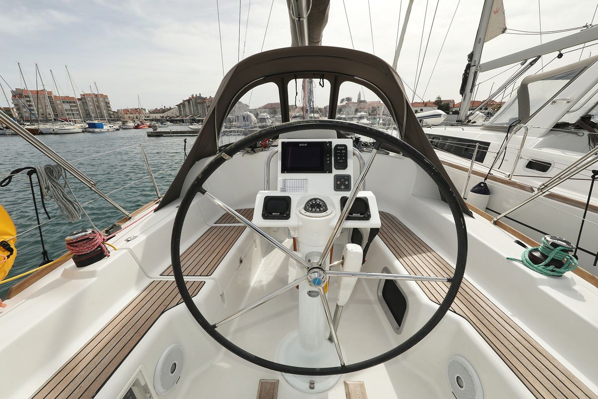 Cockpit of Cosma, a Jeanneau Sun Odyssey 33i sailboat at Grad Biograd na Moru, Croatia