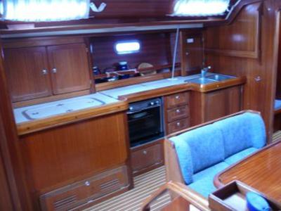 Galley of SY Zoe, a Bavaria 47 sailboat at Gouvia, Greece