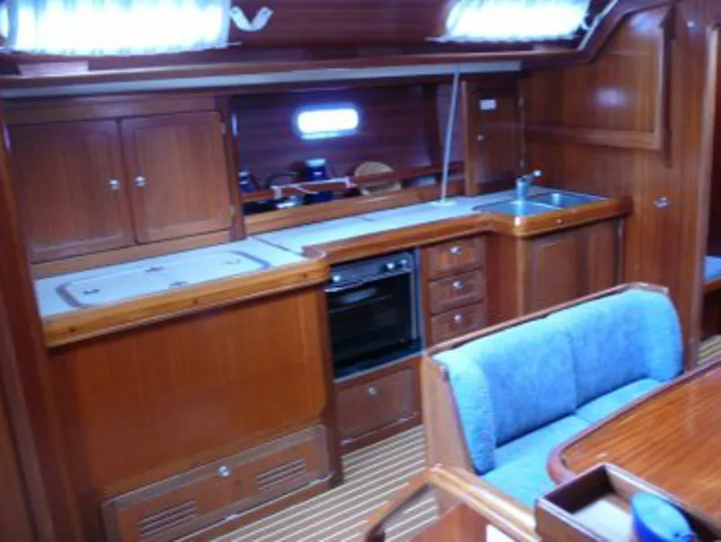 Galley of SY Zoe, a Bavaria 47 sailboat at Gouvia, Greece