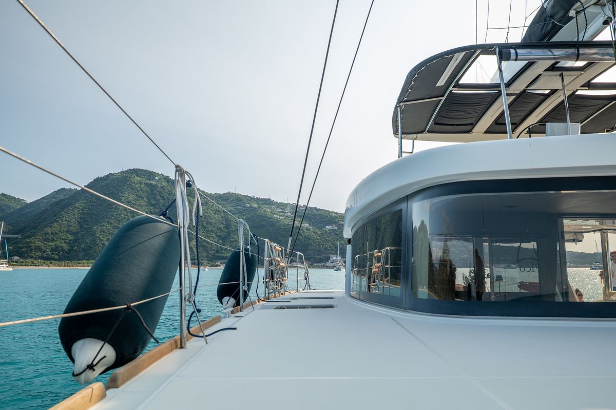 Deck of Fico - Premium line , a Lagoon 52F catamaran at Castellammare del Golfo, Italy