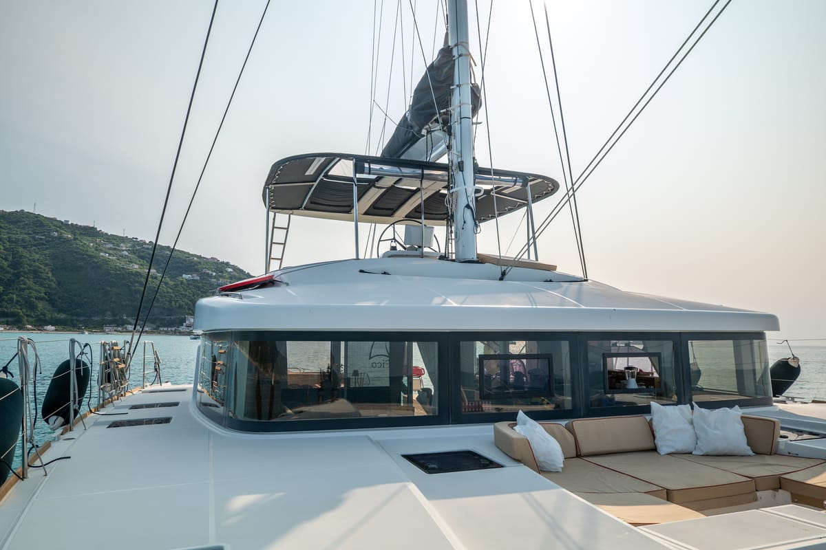 Deck of Fico - Premium line , a Lagoon 52F catamaran at Castellammare del Golfo, Italy