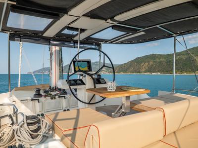 Cockpit of Fico - Premium line , a Lagoon 52F catamaran at Castellammare del Golfo, Italy