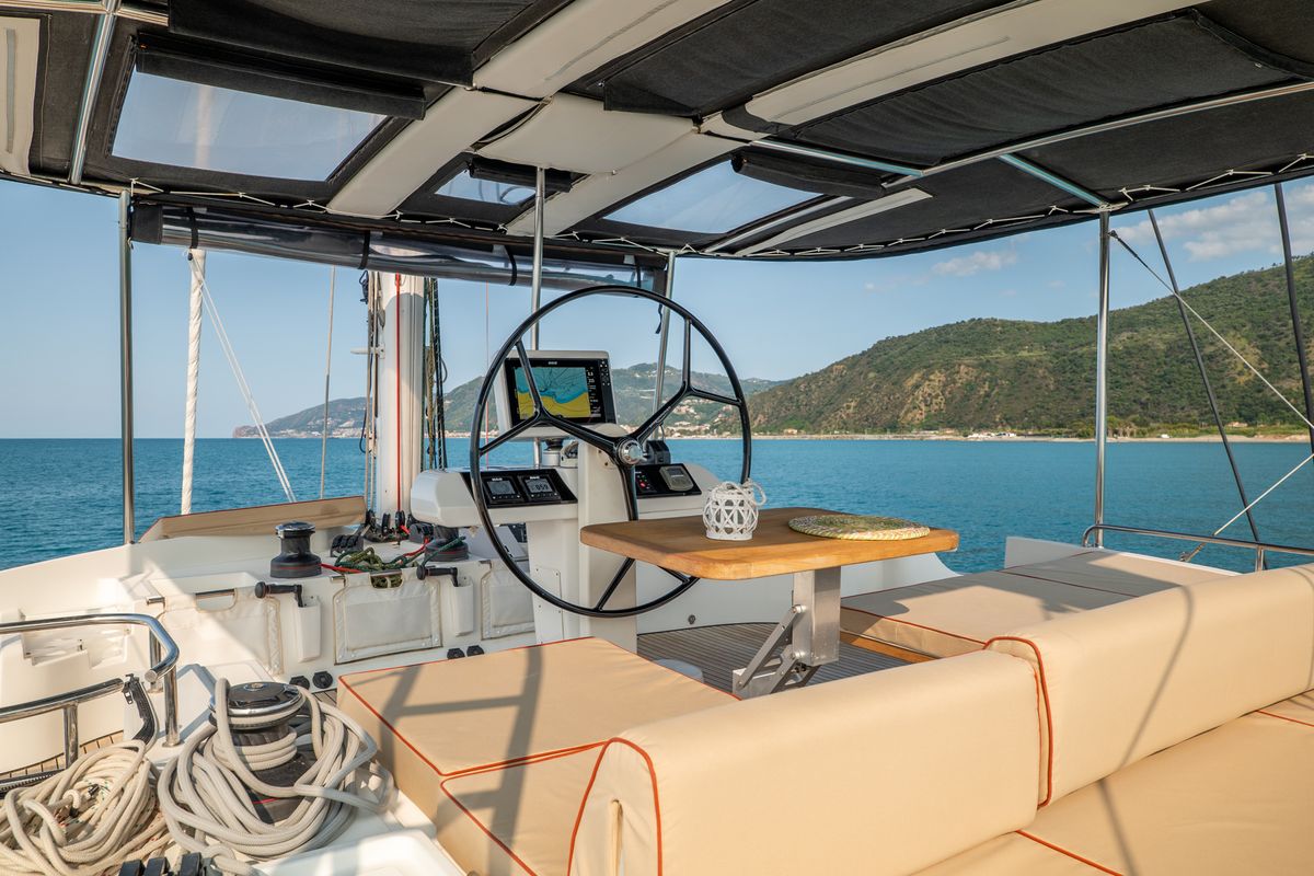Cockpit of Fico - Premium line , a Lagoon 52F catamaran at Castellammare del Golfo, Italy