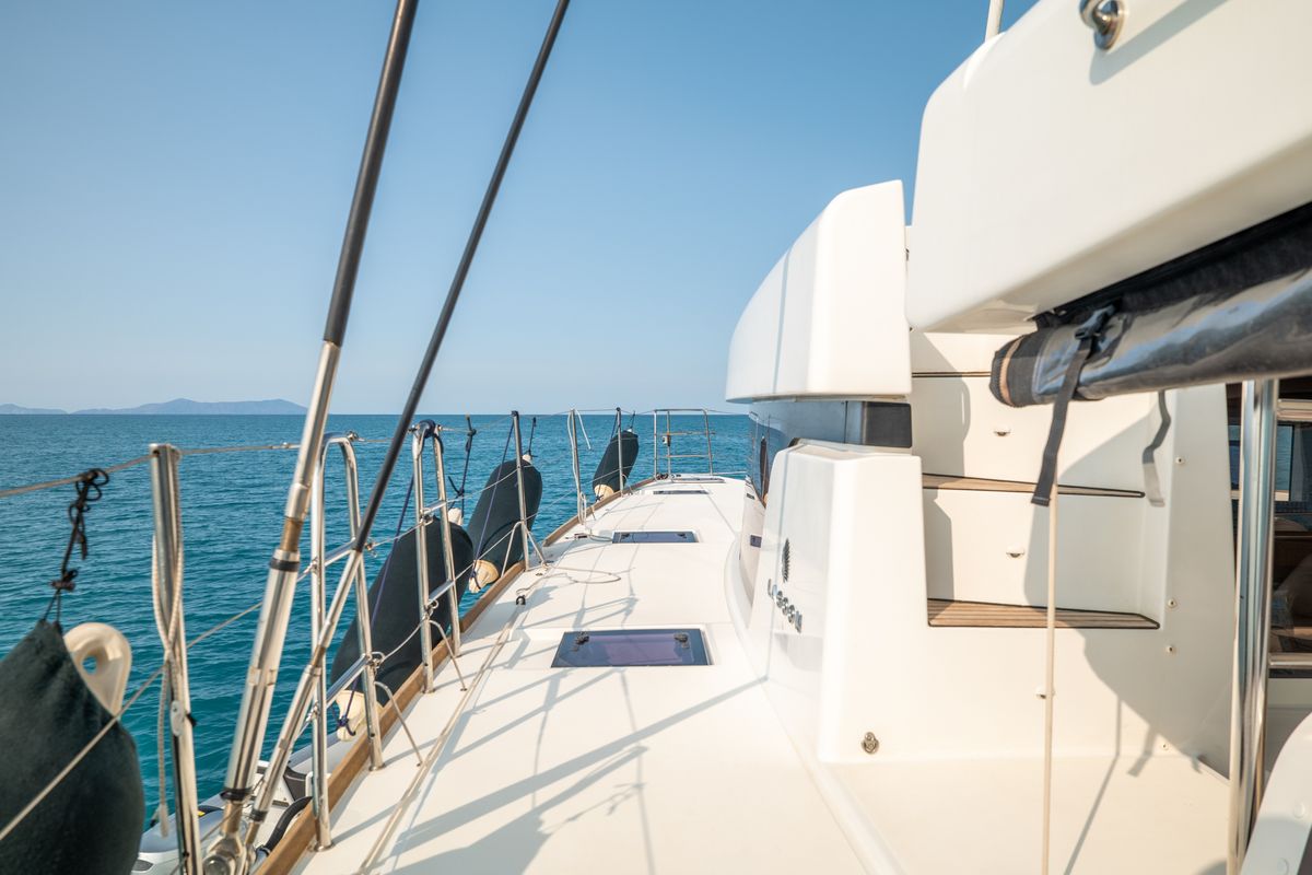 Deck of Fico - Premium line , a Lagoon 52F catamaran at Castellammare del Golfo, Italy