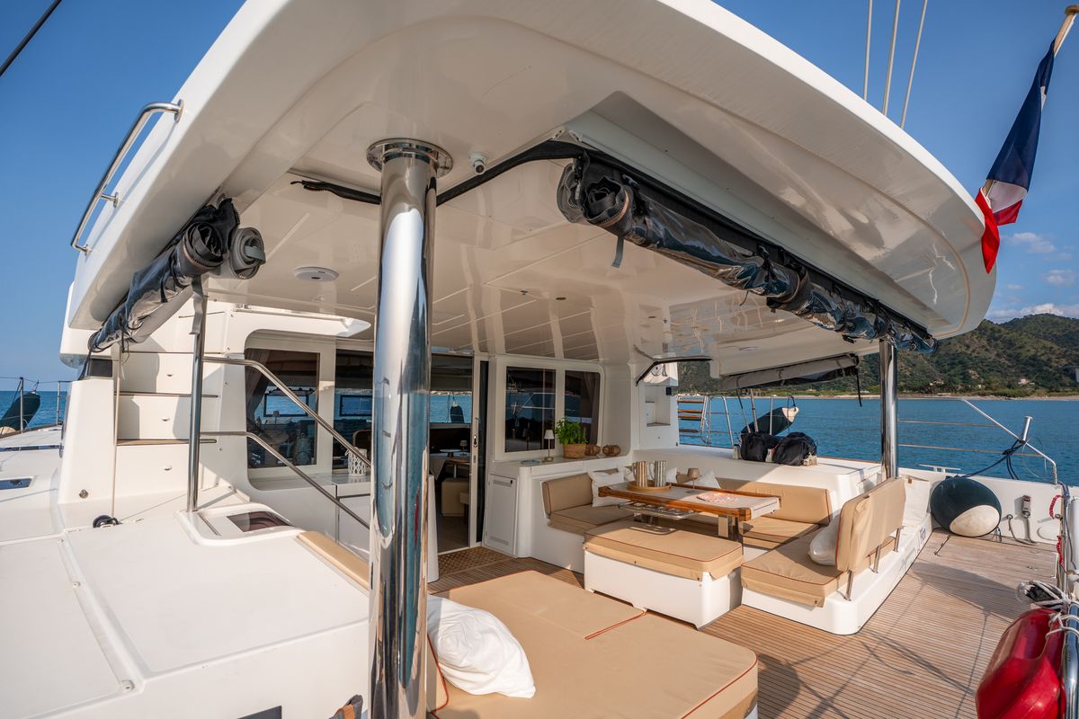 Deck of Fico - Premium line , a Lagoon 52F catamaran at Castellammare del Golfo, Italy