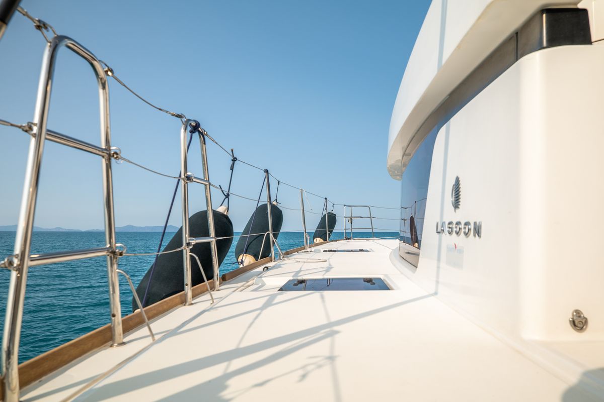 Deck of Fico - Premium line , a Lagoon 52F catamaran at Castellammare del Golfo, Italy