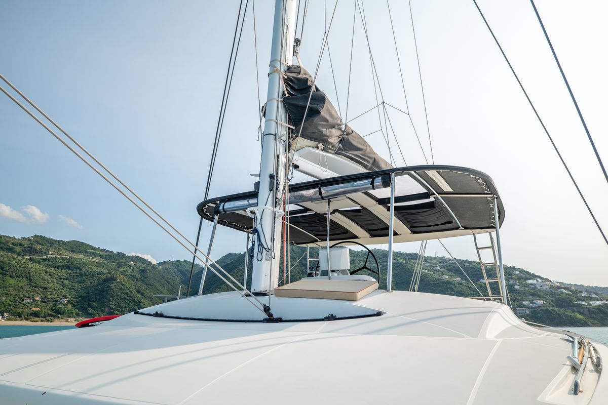 Deck of Fico - Premium line , a Lagoon 52F catamaran at Castellammare del Golfo, Italy