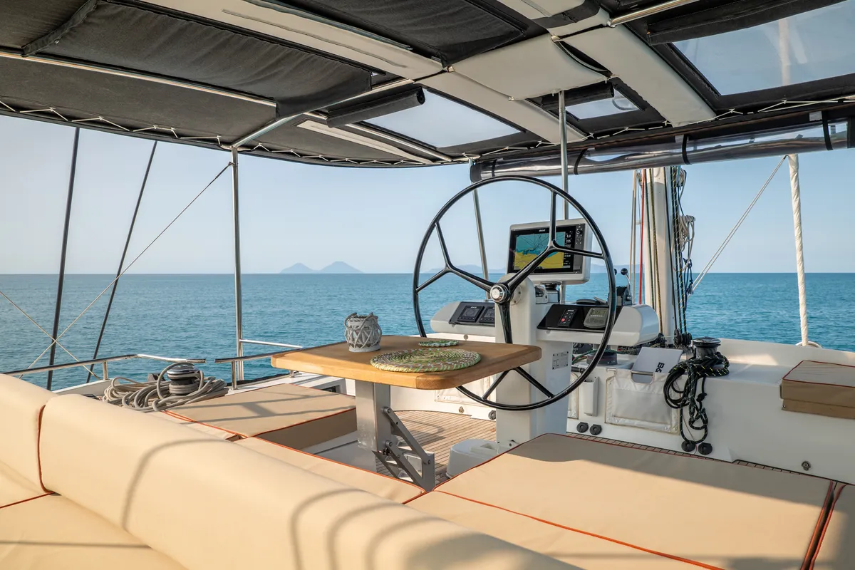 Cockpit of Fico - Premium line , a Lagoon 52F catamaran at Castellammare del Golfo, Italy