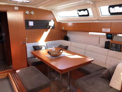 Salon of S/Y Amelia, a Bavaria Cruiser 46 sailboat at Kos, Greece