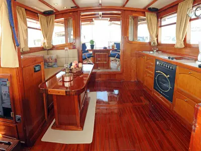 Salon of Aegeas, a Gulet Motor sailer motorboat at Athens, Greece