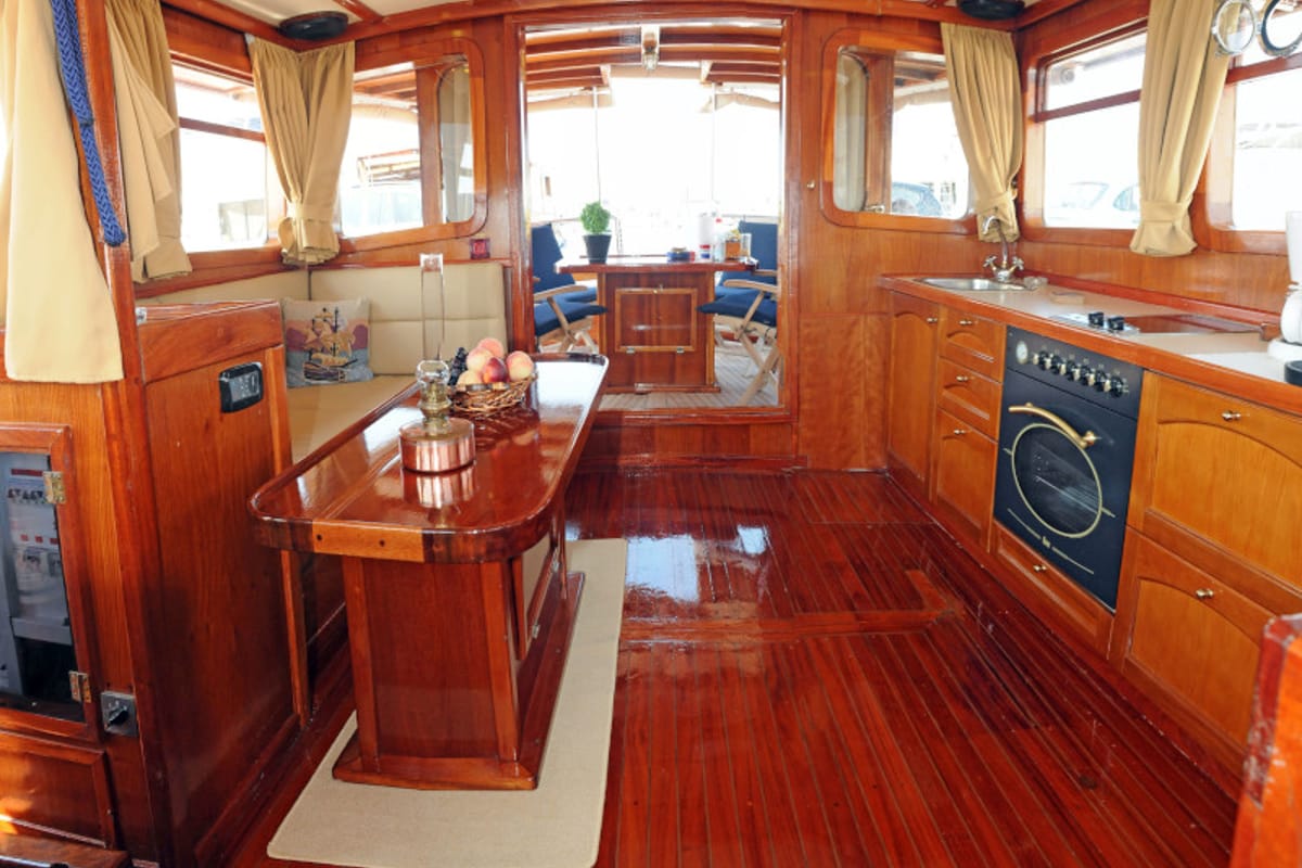 Salon of Aegeas, a Gulet Motor sailer motorboat at Athens, Greece