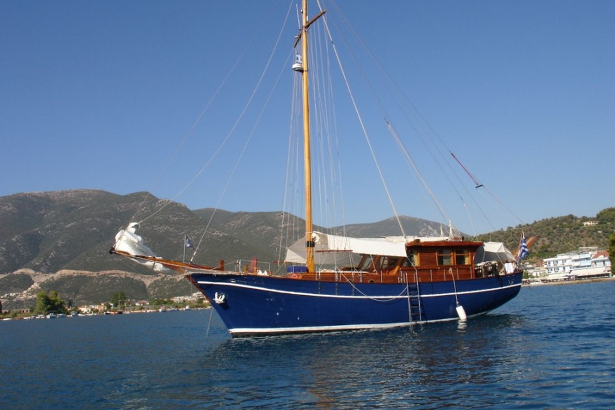 Exterior view of Aegeas, a Gulet Motor sailer motorboat at Athens, Greece