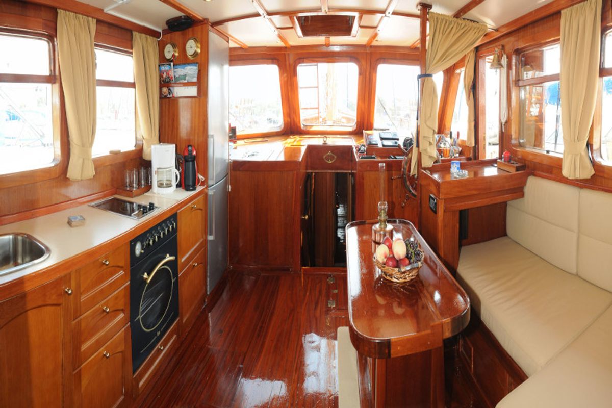Galley of Aegeas, a Gulet Motor sailer motorboat at Athens, Greece