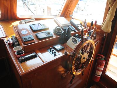Cockpit of Aegeas, a Gulet Motor sailer motorboat at Athens, Greece