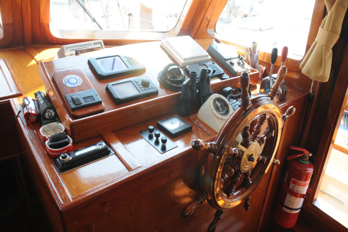 Cockpit of Aegeas, a Gulet Motor sailer motorboat at Athens, Greece
