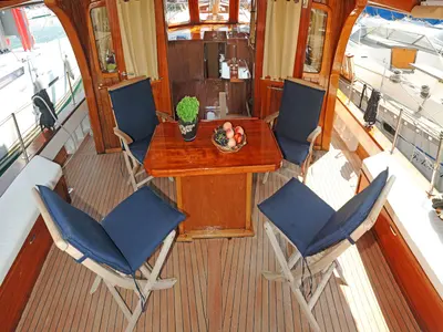 Deck of Aegeas, a Gulet Motor sailer motorboat at Athens, Greece